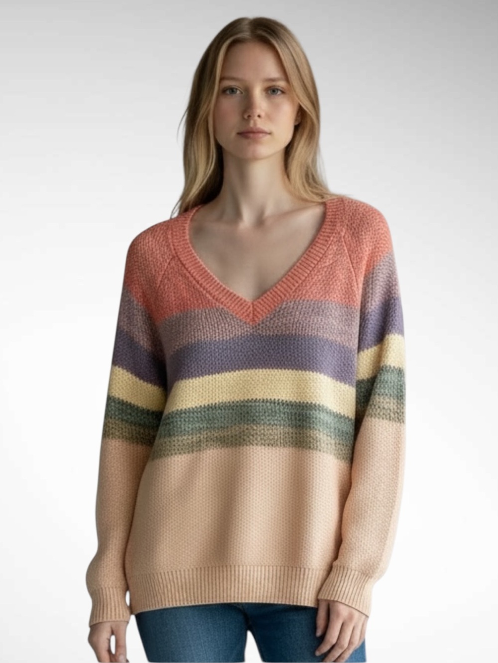 Hem & Thread Striped Colorblock Pullover V-Neck Sweater